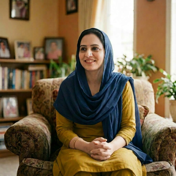 Woman in teal and gold traditional dress sitting on a patterned armchair indoors