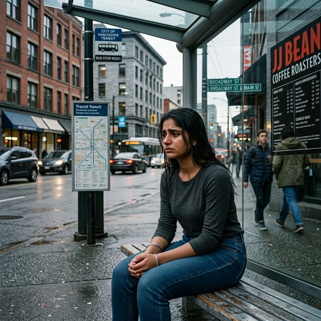 Young woman in blue headscarf sitting on bench at city bus stop, looking sad