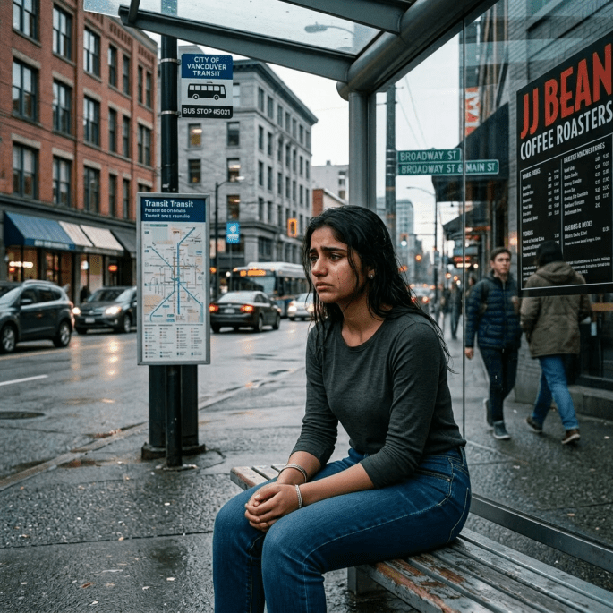 Young woman in blue headscarf sitting on bench at city bus stop, looking sad